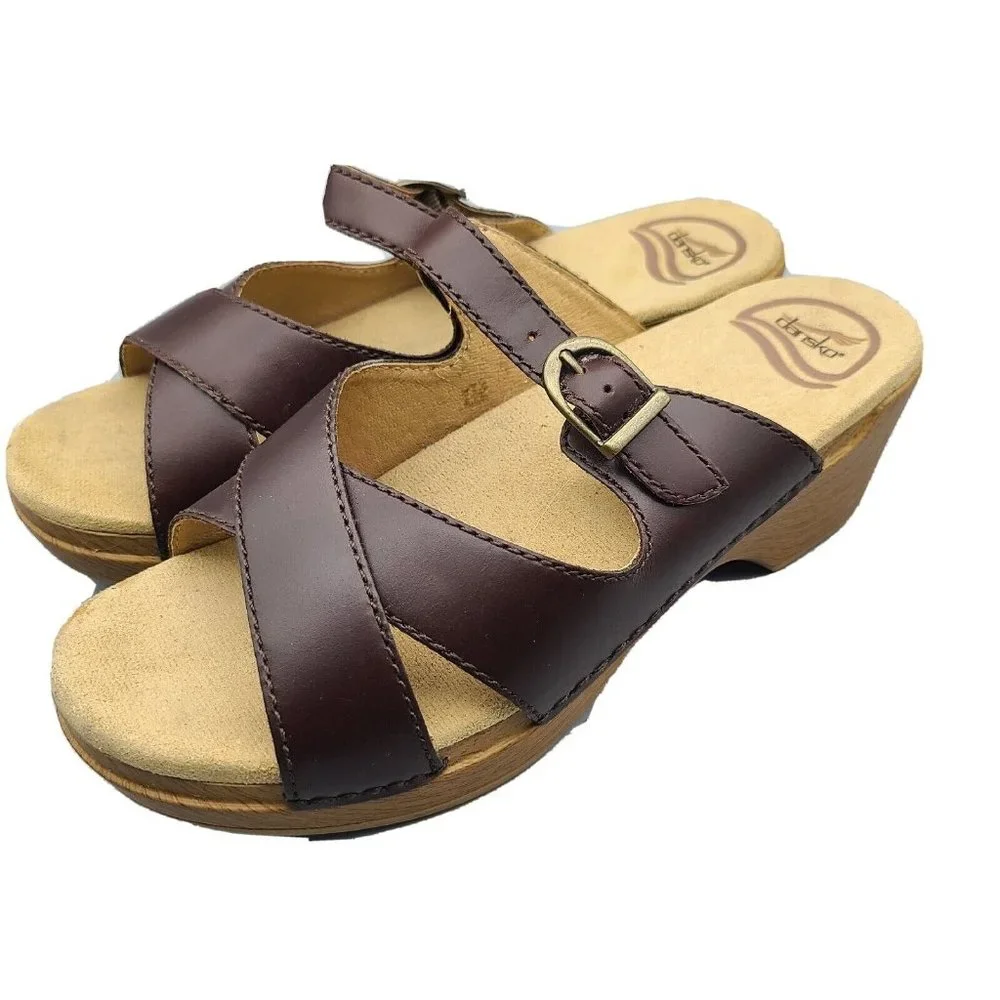 Dansko Women Sandals brown leather criss cross strappy slides clogs Size 8 38